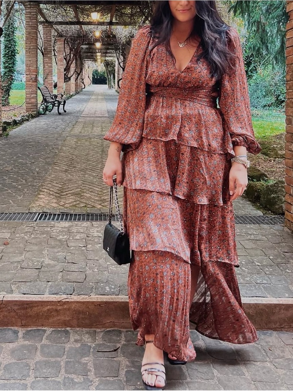 Astr Rust Floral Tiered Maxi Dress with criss cross back